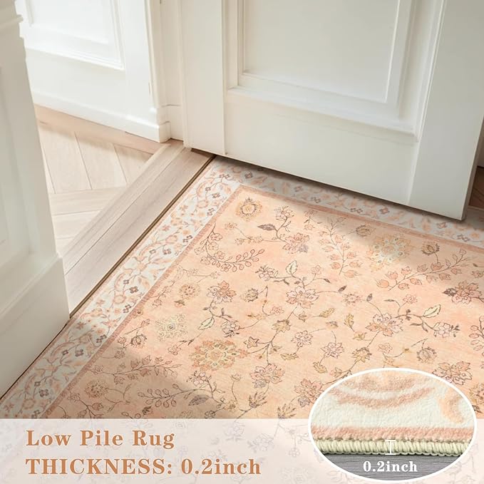 Rugs for Bedroom Living Room, Orange Washable Floral Area Rug 4x6, Soft Low Pile Thin Indoor Non Slip Carpet for Kitchen Dining Room, Boho Throw Carpets for Kids Nursery Playroom Dorm Home Decor