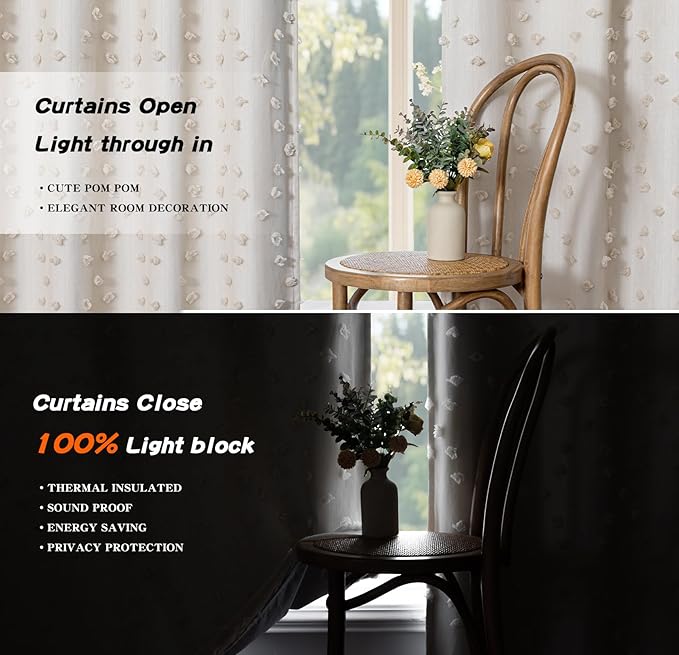 MYSKY HOME Beige Pom Pom Blackout Curtains for Girls Bedroom 63 Inch Long 100% Room Darkening Curtain for Kids Room 2 Panels Small Window Treatment Grommet 2 Layered Drapes Toddler 52W x 63L