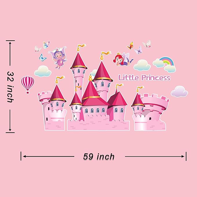 3D Castle Wall Stickers for Girls Room Decor Wall Decals Peel and Stick for Girls Bedroom Large Pink Princess Pictures Kids Murals Wallpaper Art Inspirational Decor for Nursery Toddler
