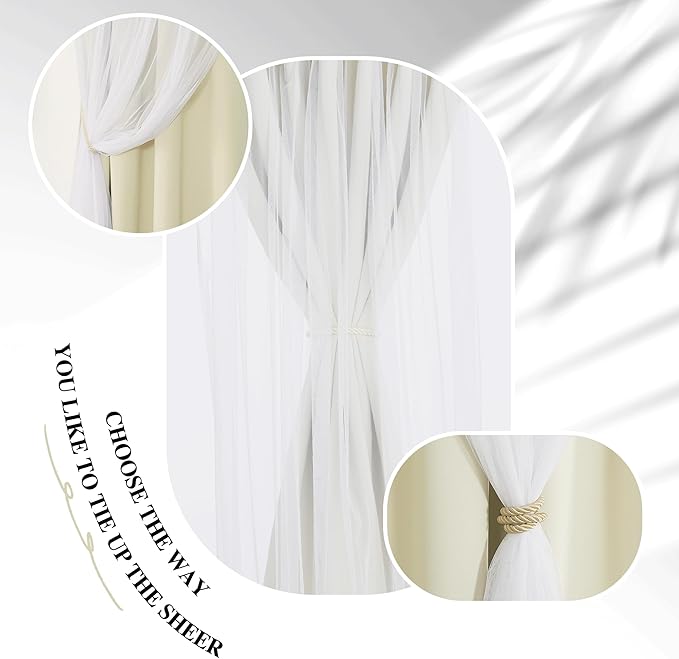 PONY DANCE Double-Layered Curtains with White Sheer Solid Blackout Curtains 84 Inch Length Elegant Grommet Panels for Living Room/Sliding Glass Door (W52xL84, Beige, One Pair, with Tie-Backs)
