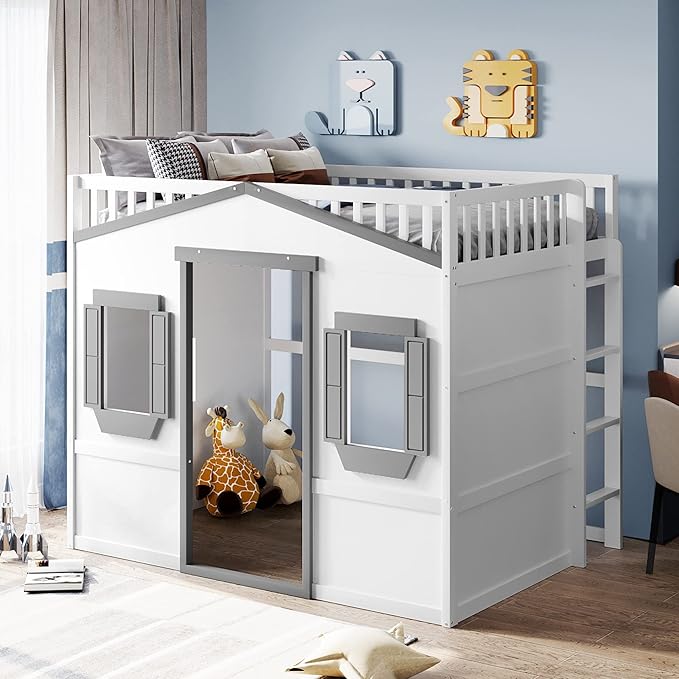 Full Size Loft Bed with Safety Guardrail for Kids Boys Girls, Playhouse Design Solid Wood Loft Bed Frame with Ladder and Windows, Strong Wood Slats Support, Space-Saving (White+Gray)