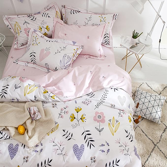 HighBuy Girls Duvet Cover Twin Floral Aesthetic Bedding Set White Pink Premium Cotton Teens Flower Kids Coquette Bedding Set Comforter Cover Soft Branches Boho Bedding Collection Pink