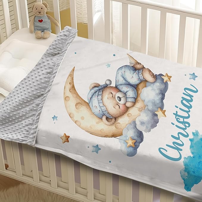 Personalized Baby Blanket with Name, Customized Blanket for Newborn Boys Girls, Sleepy Bear Theme Baby Name Blanket with Dotted Backing, Receiving Swaddle, Baby Shower Birthday Gifts(60" x80)