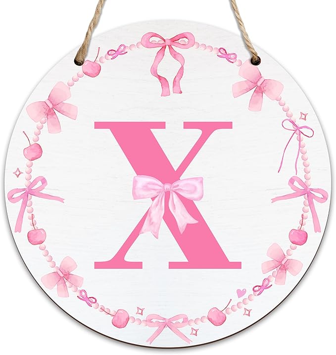 Monogram Round Sign For Front Door, Cherry Bow Theme Sign For Porch Art Wall Door, Initial Signs Hanging Ornament For Indoor Outdoor, Decorations Gifts For Four Seasons Rustic Home Kitchen, X, A24