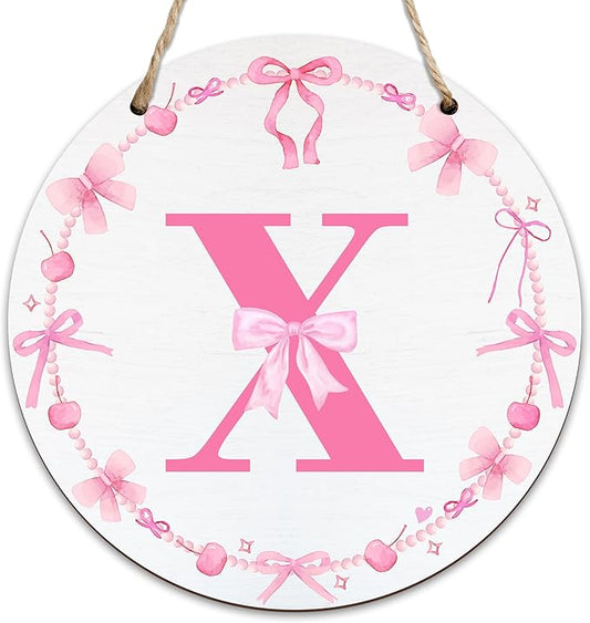 Monogram Round Sign For Front Door, Cherry Bow Theme Sign For Porch Art Wall Door, Initial Signs Hanging Ornament For Indoor Outdoor, Decorations Gifts For Four Seasons Rustic Home Kitchen, X, A24