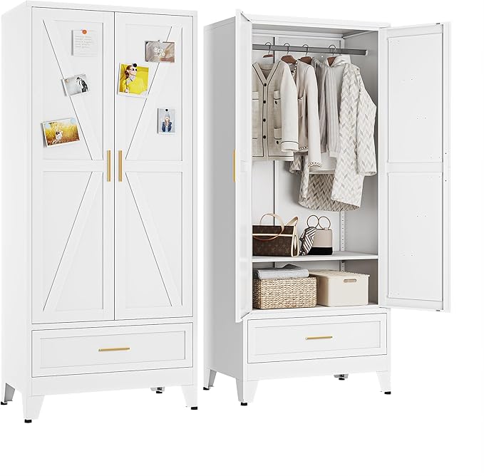 Metal Wardrobe Closet Cabinet with Drawers,71" H Large Bedroom Armoires with Shelves and Hanging Rod,Wardrobe Storage Cabinet with 2 Doors, 1 Adjustable Shelf and Drawers (1Drawer, White)