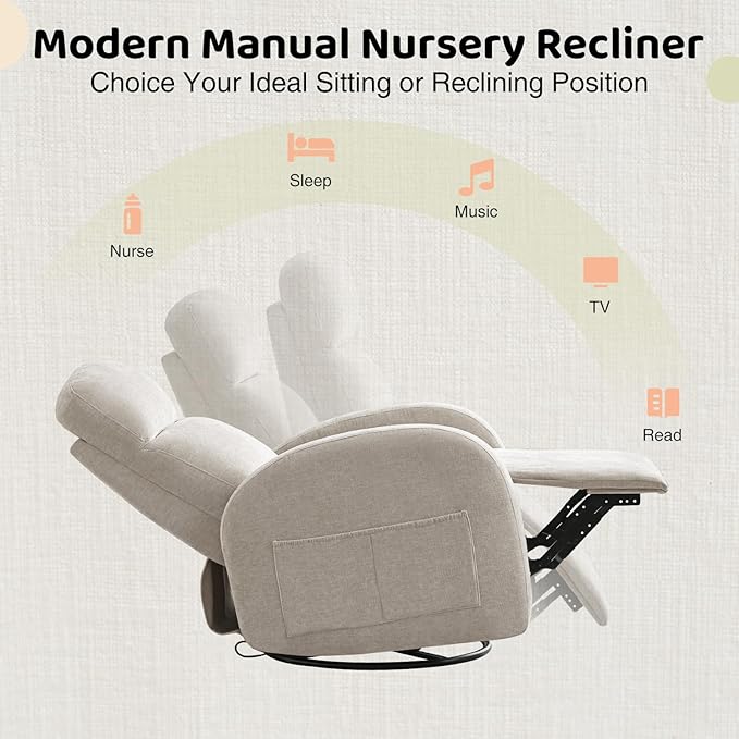 Nursery Swivel Rocker Recliner, Manual Nursering Glider Recliner, Chenille Swivel Rocking Nursery Recliners with Double Pockets for Living Room, Camel