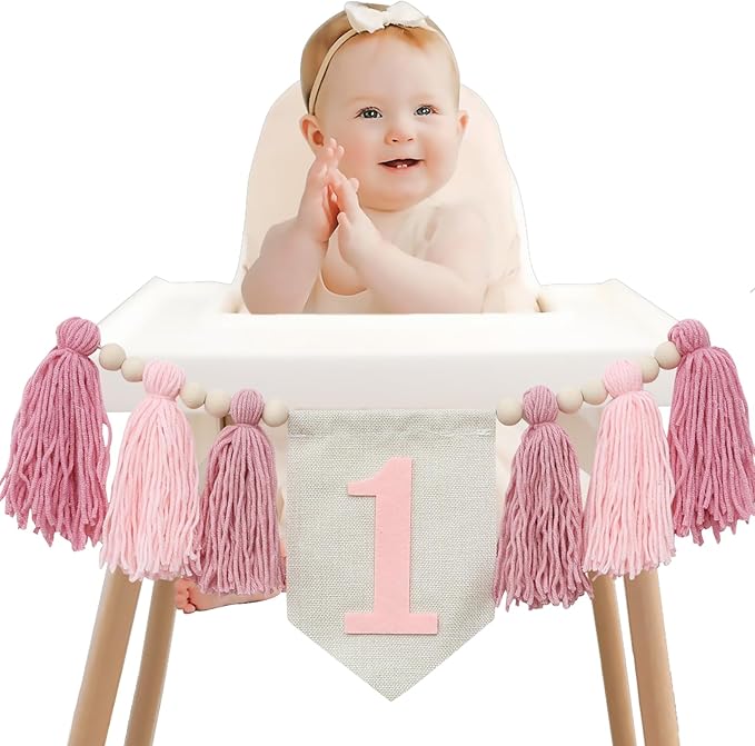 Boho Pink Handmade 1st Birthday High Chair Banner for Baby Girls Wild One Wall Hangings First Highchair Banner Wood Bead Tassel Garland Photoshoot Props Photo Props1 Birthday Party Decorations