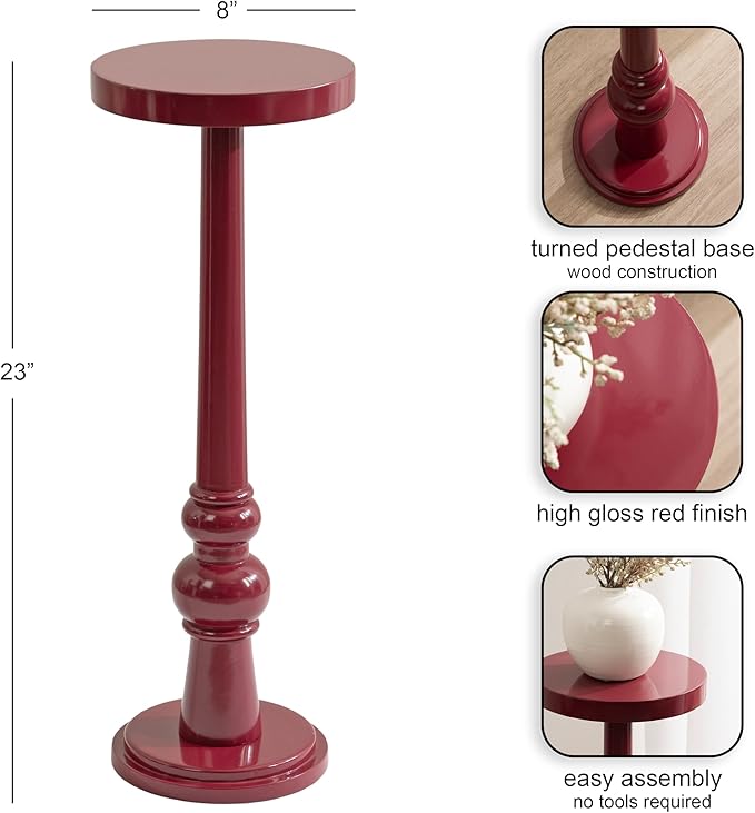 Kate and Laurel Wegner Transitional Wooden Round Drink Table, 8 x 8 x 23, Gloss Red, Modern Durable Pedestal Table for Use as Indoor Plant Stand, or Decorative Living Room Decor Accent