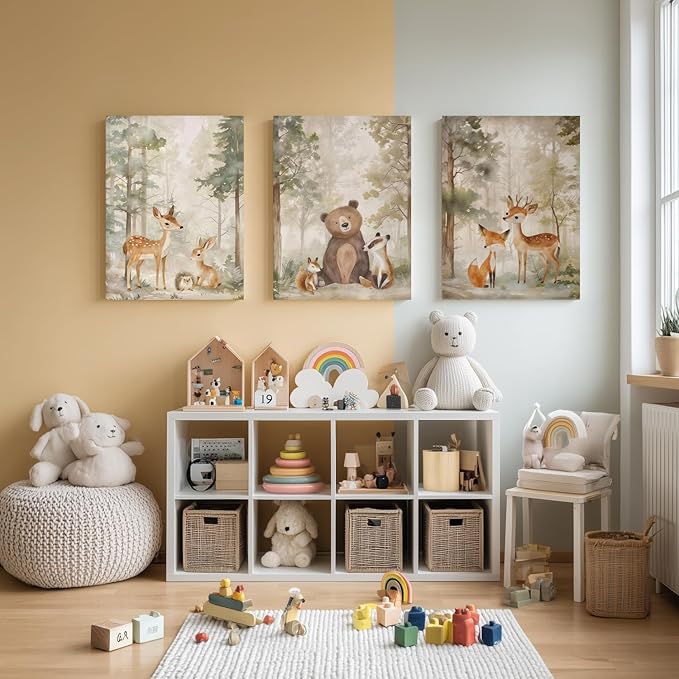 Cyebmo Framed Woodland Animals Wall Art Set of 3, Baby Boy Wild Forest Animals Wall Decor, Deer Bear Fox Wrapped Canvas Painting, Neutral Aesthetic Pictures for Kids Room Benroom Nursery 16"x24"x3