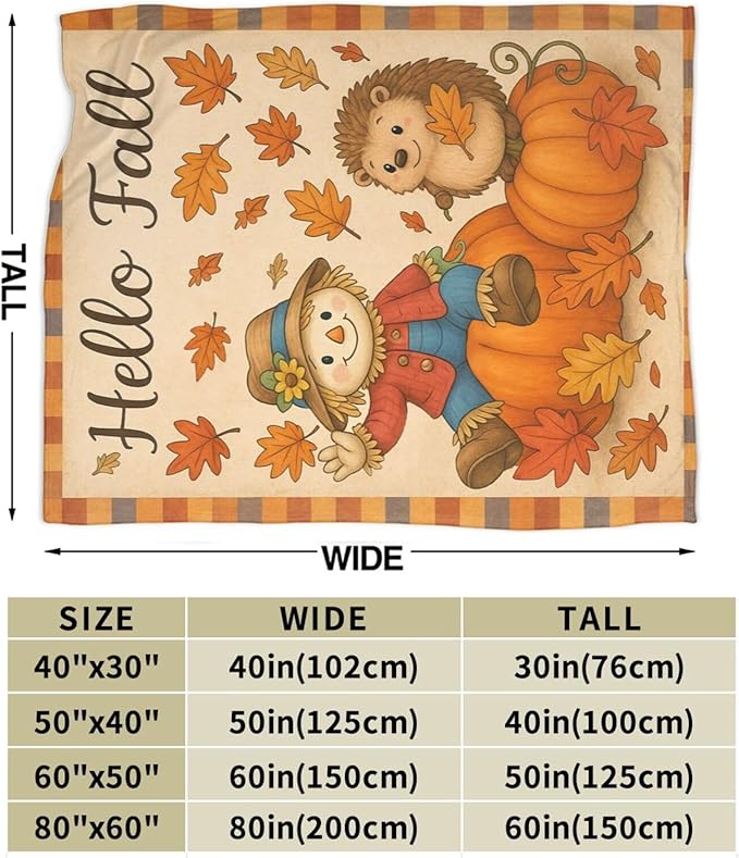 Fall Blanket Cute Autumn Pumpkin Scarecrow Hedgehog Maple Leaf Throw Blanket Soft Cozy Fleece Fuzzy Plush Flannel Warm Stuff Hello Fall Blanket Gifts for Women Girls Kids Thanksgiving 40"x50"