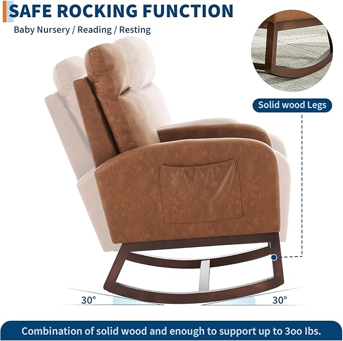 Rocking Chair Nursery, Modern Upholstered Glider Rocker with Side Pocket, Upholstered Lounge Chair with Solid Wood Base for Relaxin, for Living Room, Bedroom