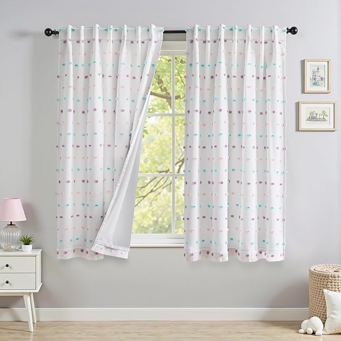 MYSKY HOME Total Blackout Curtains for Kids Bedroom Nursery Curtains 100% Light Block Doubled Curtains with Rainbow Pom Pom Sheer Window Drapes for Kitchen Room Darkening Back Tab Set of 2, 52 x 54 in