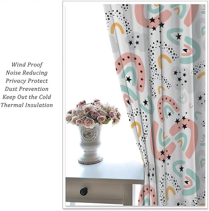 Boho Rainbow Curtains for Kids Nursery Colorful Floral Sun Star Clouds Pastel Bohemian Pattern Print Window Drapes for Girl Bedroom Living Room Kitchen Decor,2 Panel Set,42Wx54H Inch Blackout