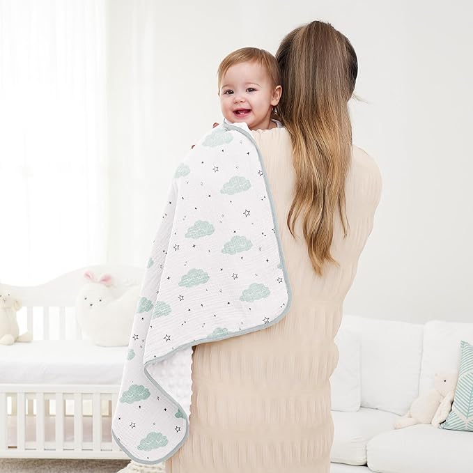 Susurration Baby Blanket for Unisex Boys Girls, Soft Nursery Minky Blanket with Muslin Cotton Front and Dotted Fleece Back, Receiving Blanket for Baby Newborn Infant, 30x40inch (Cloud)