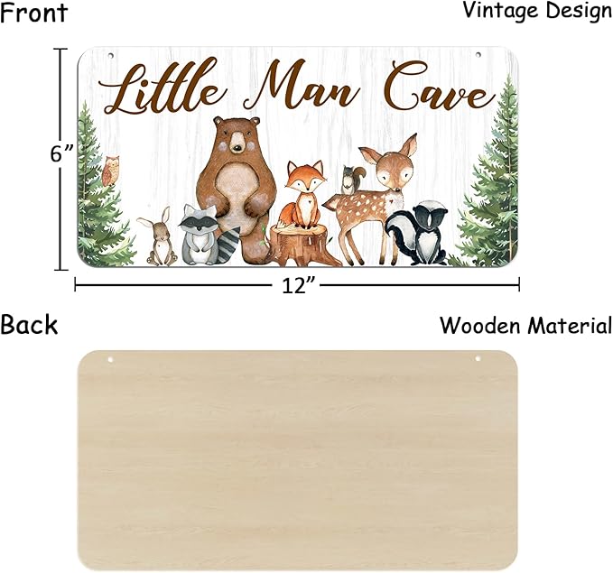 Uflashmi Wood Liitle Man Cave Sign, Woodland Animal Nursery Wall Decor for Baby Boys Room, Woodland Theme Nursey Room Decor for Toddler Boy, 12”x6”