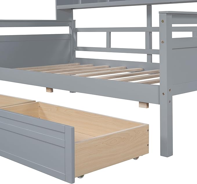 Harper & Bright Designs Twin Daybed with Storage, Wood Twin Size Bed Frame with Bookcase Headboard and 2 Drawers, Twin Sofa Bed with Shelves for Living Room Bedroom, No Box Spring Need, Grey