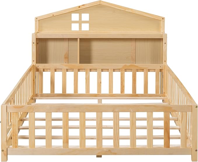 Bellemave Full Size Floor Bed for Kids, Girls, Boys, Solid Wood Montessori Bed with Storage headboard, Door, Storage,Natural