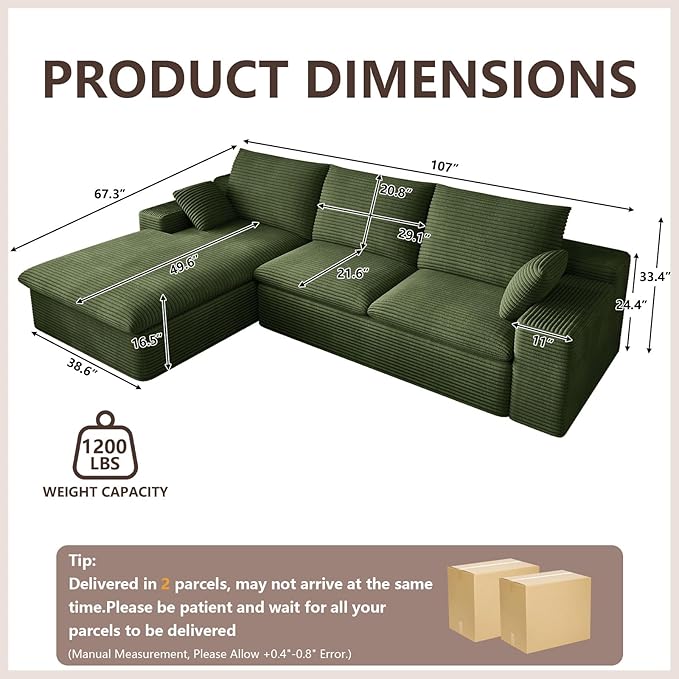 107 Inch Cloud Sectional Couch, Modern Modular Sectional Sofa with Deep Seat, Corduroy Boneless Couches with L-Shape Chaise for Living Room Bedroom, No Assembly Required (Green, Left Facing Chaise)