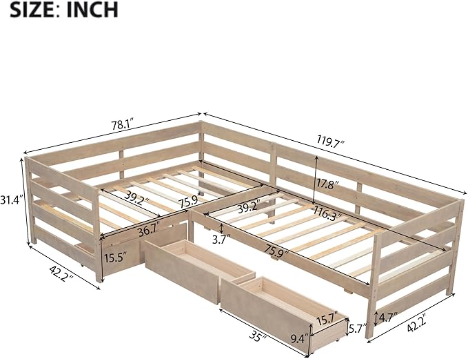 Twin Size L-Shaped Platform Bed for 2, Wood Kids Platform Bed Frame with 3 Storage Drawers and Guardrail for Boys Girls, Sturdy Slats Support (Natural-2.28)