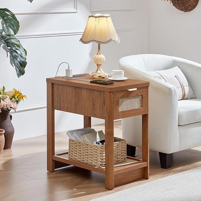Lerliuo Narrow Night Stand Set of 2 with Charging Station, Boho Nightstand with Drawer, Bed Side End Table with Rattan Shelf for Small Spaces, Wood Nightstands Bedside Tables for Living Room Bedroom