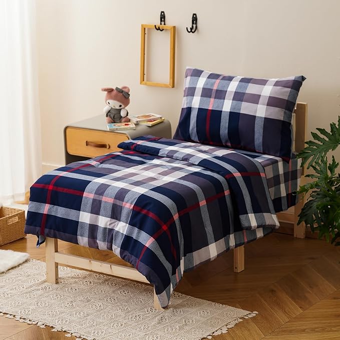 KAREVER Checkered Toddler Bedding Set Navy Blue White Grid 4 Pieces Crib Bed Set Kids Pliad Comforter Set
