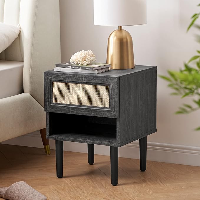 mopio Haylee Rattan Side Table, Small Accent Tables for Living Room, Mid Century Modern Night Stand, Bedside Tables, Wood Nightstands for Bedroom (Black, Single)