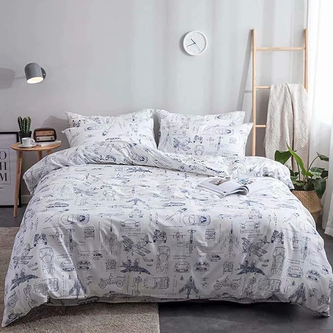 Jumeey Boys Duvet Cover Set Twin Cars Tank Helicopter Aircraft Military Transport Vehicles Painted Bedding Sets for Kids Children Reversible Airplanes Comforter Cover Teens Bed Set