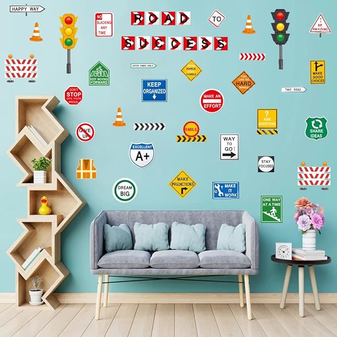 Road to Success Wall Decal, Inspirational Quote Traffic Sign Vinyl Wall Stickers, Removable Street Transportation Educational Artwork for Classroom Office Playroom Decor