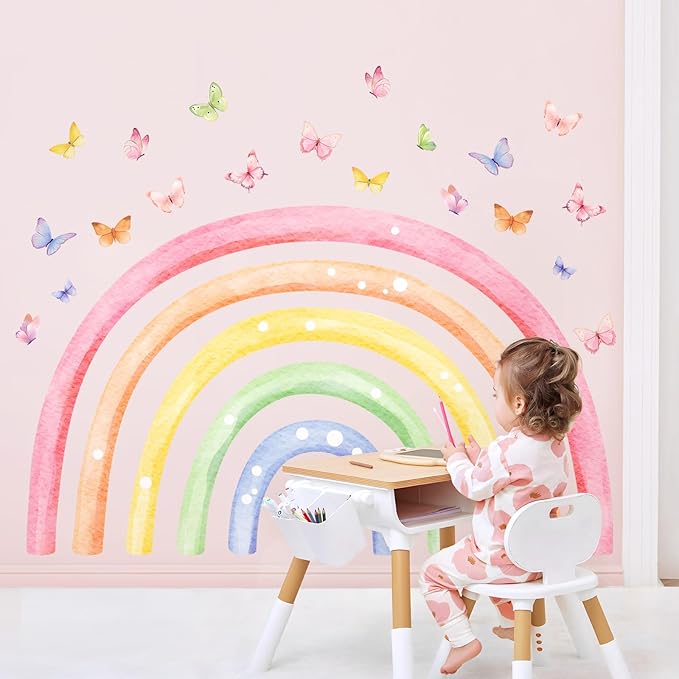 H34.6 Large Rainbow Wall Decals, Watercolor Wall Stickers Peel and Stick Mural for Girls Boys Nursery Kids Room Home Decor