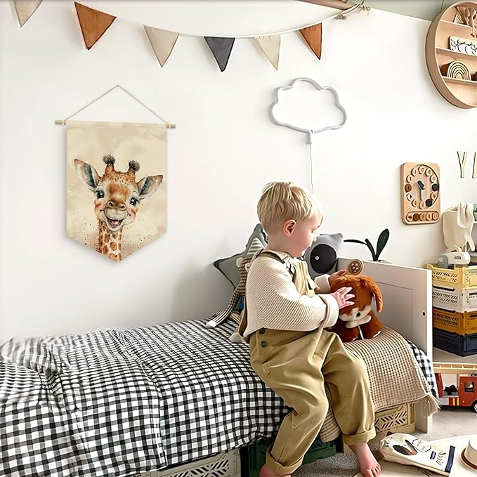 Safari Decor, Woodland Nursery Decor, Baby Giraffe Cute Wall Art,Kids room Canvas Banner,Watercolor Animal Giraffe for Living Room Bedroom, Hanging Pennant Flag Banner 15x11in