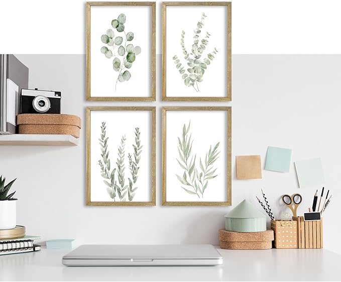 Botanical Wall Decor Sign 16x11 Inch Set of 4 Sage Green Plants Wood Framed For Bathroom Modren Bedroom Aesthetic Watercolor Laundry Room Art Wall Hanging (Wood)