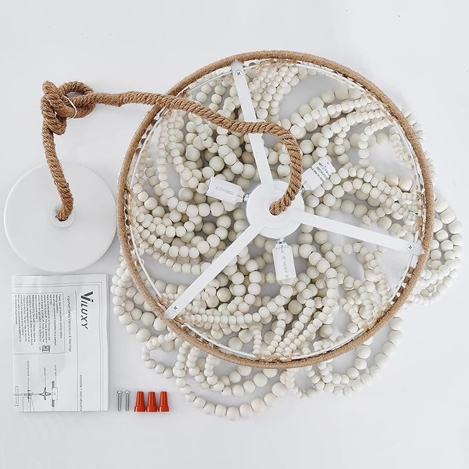 VILUXY Bohemia Wood Beaded Pendant Lights Antique Rustic Mini Chandelier White Finishing for Bedroom, Nursery Room, Girl Room, Hallway, Entryway, Passway, Dining Room, 3-Light