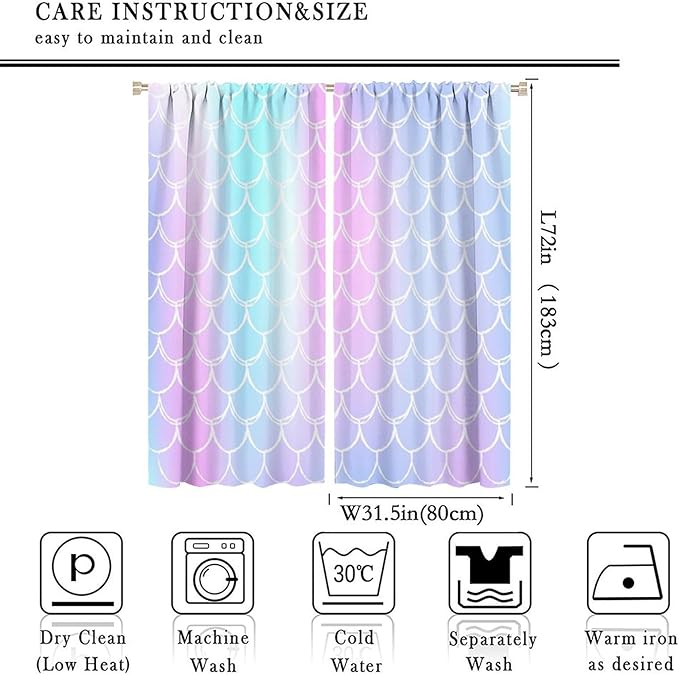 Fantasy Mermaid Curtain Rainbow Mermaid Scales Purple Pink Blue Ocean Theme Dream Blackout Window Treatment for Kids Boys Girls Bedroom Nursery Room Decor Rod Pocket Window Drapes 63x72in