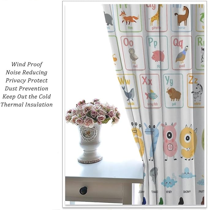 Alphabet Learning Curtain for Kids, Colorful Cartoon Animal Multiplication Table Educational, Classroom Child Printed Rod Pocket Blackout Window Drapes for Bedroom Living Room 42" W X 54" L