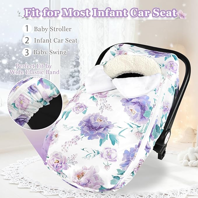 Winter Car Seat Cover for Babies Girl Boy, Super Warm Plush Fleece Infant Carseat Cover for Stroller Car Seat, Double Sides Zipper Winter Car Seat Canopy for Newborn, Purple Floral