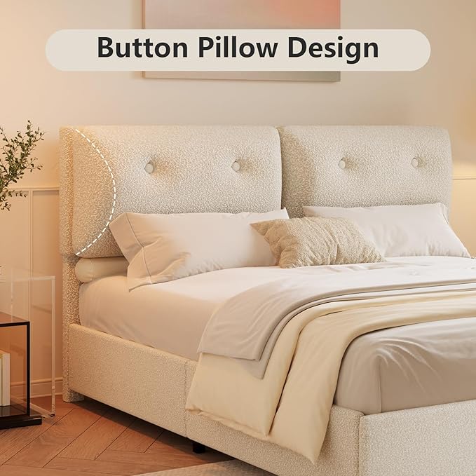 King Bed Frame and Headboard, Upholstered Boucle Bed King with Soft Headboard, Wooden Slats Support, No Box Spring Needed, Easy Assembly, Cloud Bed Frame, Beige
