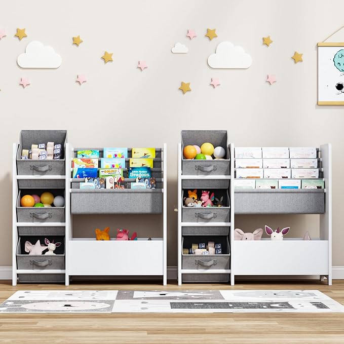 Kids Bookshelf and Toy Storage Organizer, Wooden Montessori Bookcase with Fabric Bins for Toddler, Small Room and Playroom Book Shelf for Reading Nook and Bedroom, White
