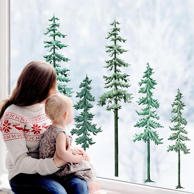 Large Pine Tree Wall Decal Big Pine Trees Wall Stickers Watercolor Green Tree Wall Sticker Winter Forest Plants Wall Decals Xmas Woodland Trees Stickers for Bedroom Nursery Living Room