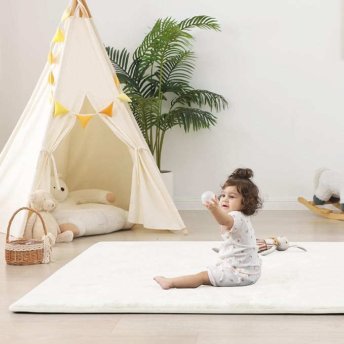 1.5" Thick Baby Play Mat for Floor, 50x50 Playpen Mat, Pro Soft Flannel Foam Mats Toddler Infant Kids Crawling for Nursery Rug Playroom Living Room Waterproof Easy Care Non-Slip (Cream)