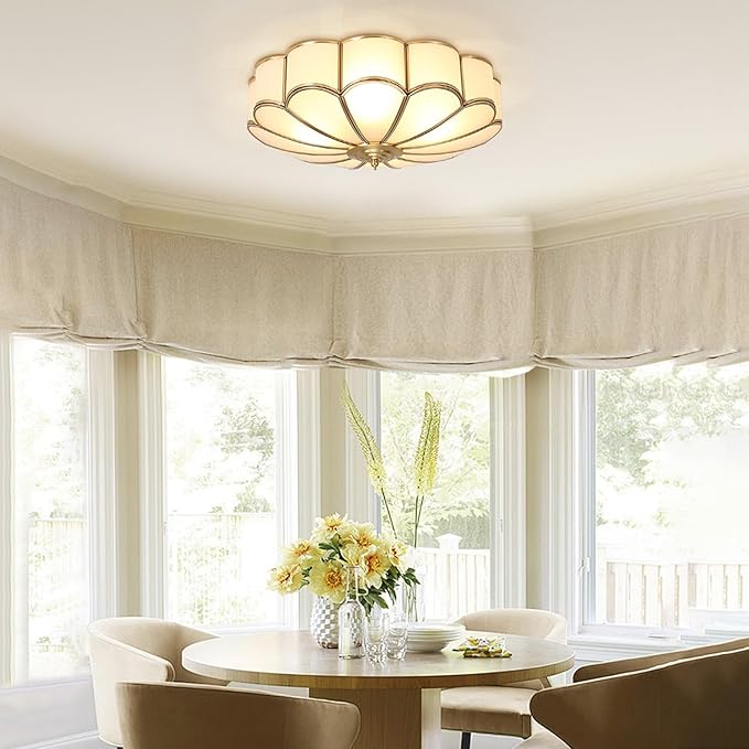 Mid Century Brass Flush Mount 4-Light LED Ceiling Lamp, Frosted Glass Shade Modern Light, Close to Ceiling Decorative for Bedroom Living Room (17.71" W)