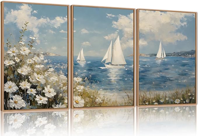 FWIEXA Coastal Wildflower Canvas Wall Art Framed, Ocean Sailboats Pictures Wall Decor, Beach Flower Seascape Painting, 3 Pieces 16x24In Nautical Blue Sky Artwork for Living Room, Bedroom, Bathroom, Rustic Farmhouse