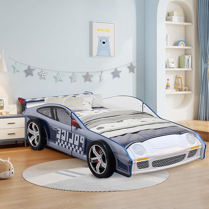 LKTART Twin Size Car Bed for Kids, Police Car-Shaped Wooden Platform Bed Frame with LED Lights, Headboard Wheels and Support Slats for Boys Toddlers Child's Bedroom (Blue)