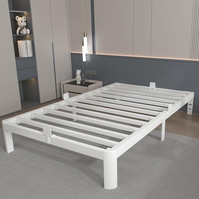 White 10 Inch Twin Bed Frames, Metal Bed Frame Twin Size with Anti-Slip Baffles, No Box Spring Needed, Rounded Corner Legs, Heavy Duty Steel Platform Support, Noise Free, Storage Space