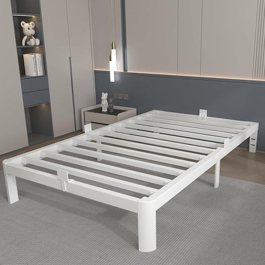 White 10 Inch Twin Bed Frames, Metal Bed Frame Twin Size with Anti-Slip Baffles, No Box Spring Needed, Rounded Corner Legs, Heavy Duty Steel Platform Support, Noise Free, Storage Space