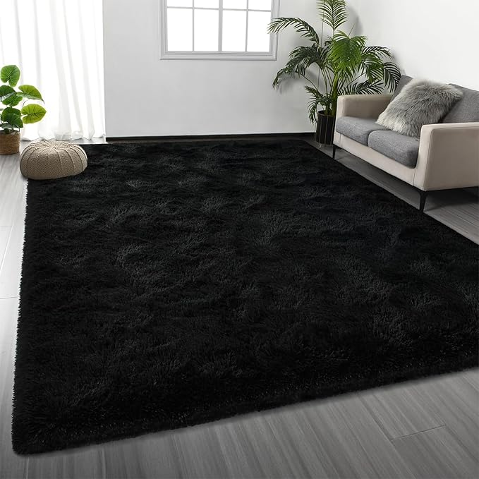 Large Shag Area Rugs 5 x 8, Plush Fuzzy Rugs for Living Room, Ultra Soft Fluffy Furry Rug for Bedroom, Indoor Carpet Nursery Rugs for Kids Room Home Decor, Black