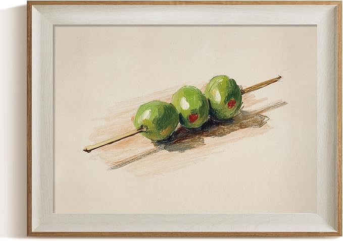 ARPEOTCY Vintage Framed Canvas Wall Art, 12x16 Inch Olive Skewer Still Life Painting, Rustic Kitchen Wall Decor, Minimalist Dining Room Artwork, Green Olive Oil Inspired Picture for Home & Living Room