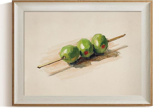 ARPEOTCY Vintage Framed Canvas Wall Art, 12x16 Inch Olive Skewer Still Life Painting, Rustic Kitchen Wall Decor, Minimalist Dining Room Artwork, Green Olive Oil Inspired Picture for Home & Living Room