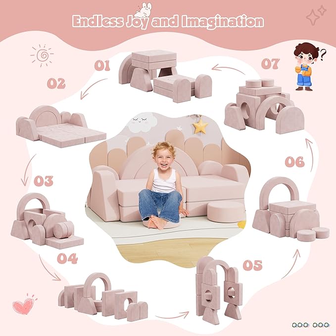 12 PCS Modular Kids Play Block Couch Child Sectional Soft Sofa Toddler Building Fortplay Climbing Bedroom Playroom Baby Convertible Floor Foam Cushion for Boys & Girls (Pink-Double-1)