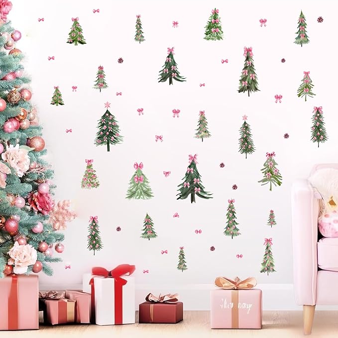 Christmas Tree Window Decals Small Pine Trees Wall Stickers Pink Bow Trees Windows Decals Watercolor Winter Green Tree Wall Stickers Removable Xmas Holiday Windows Decoration for Party Supplies